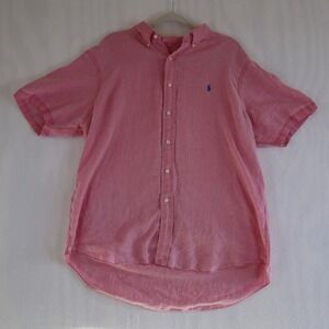 Ralph Lauren Button Down Shirt Men's XL 100% Linen Short Sleeve Pink Preppy